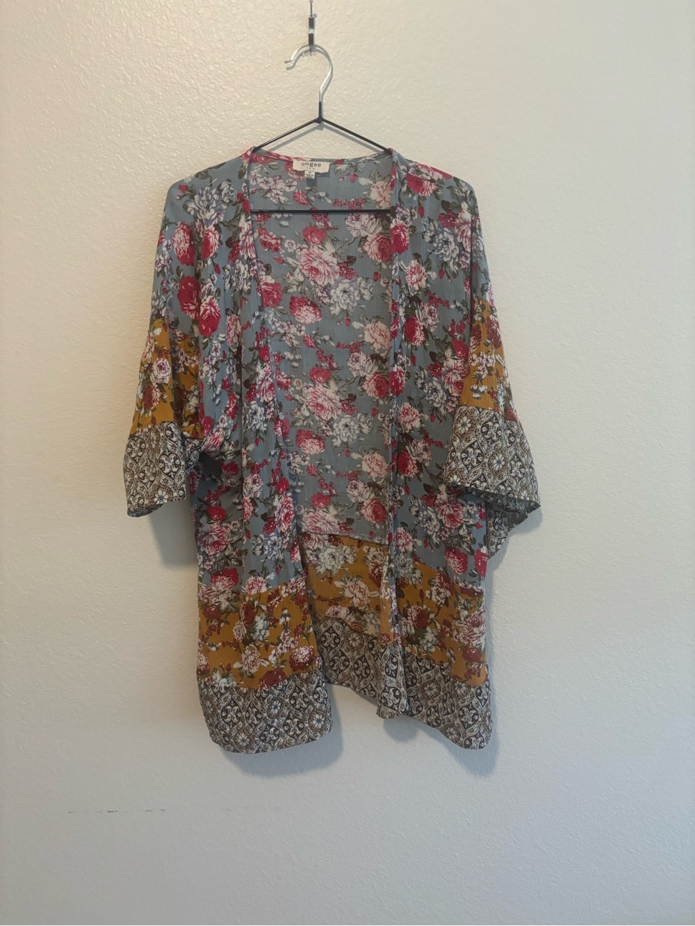 Umgee Floral Patchwork Kimono Jacket in Blue and Mustard
